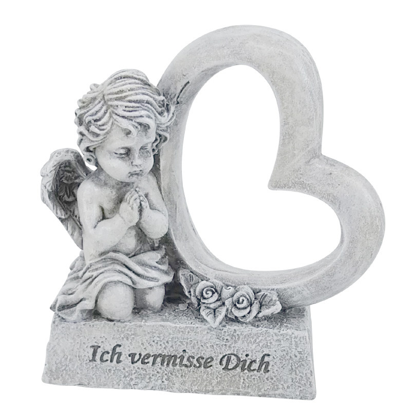 Engelsfigur mit Herz Ich vermisse Dich Grabdeko aus Polyresin